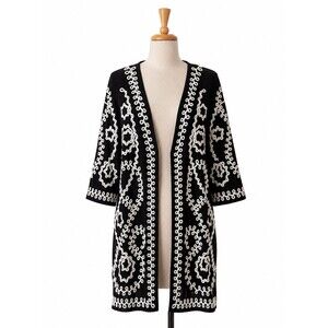 Once Again Duster Cardigan Jacket Long Size 1x Black White Embroidered Artsy